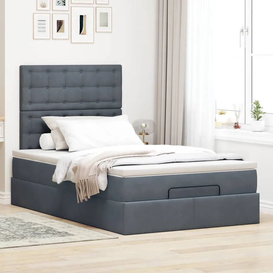 Cadre de lit ottoman avec matelas gris foncé 120x190 cm velours - 4