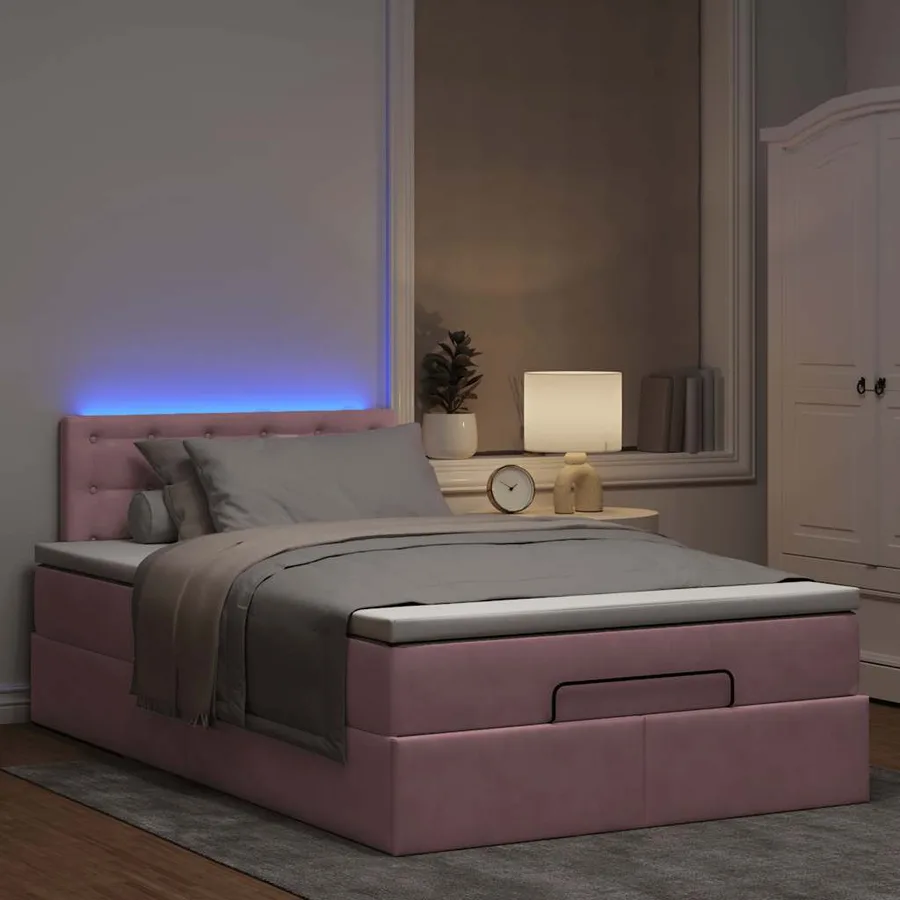 Lit ottoman avec matelas et LED rose 120x190 cm velours - 3