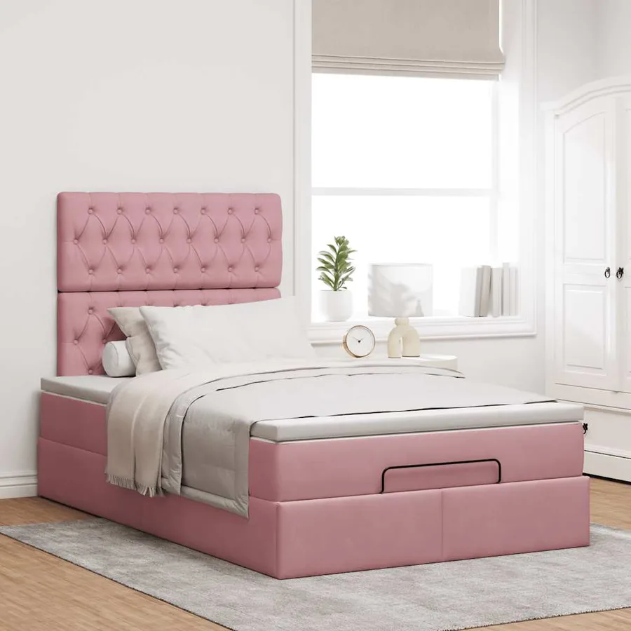 Cadre de lit ottoman avec matelas rose 120x190 cm velours - 4