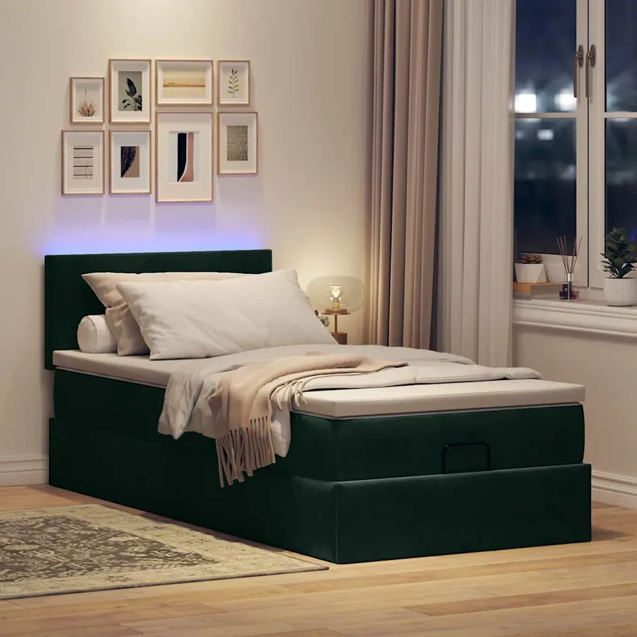 Cadre de lit ottoman avec matelas vert foncé 90x190 cm velours - 2