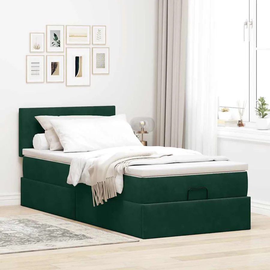 Cadre de lit ottoman avec matelas vert foncé 90x190 cm velours - 4
