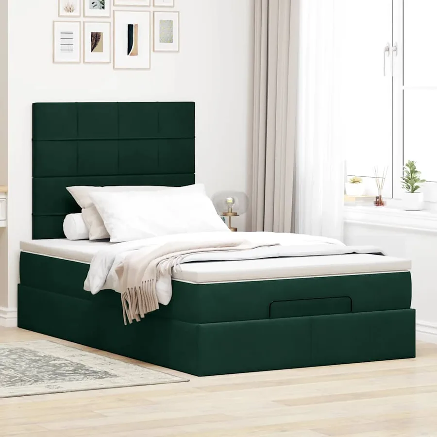 Cadre de lit ottoman avec matelas vert foncé 120x190 cm velours - 3