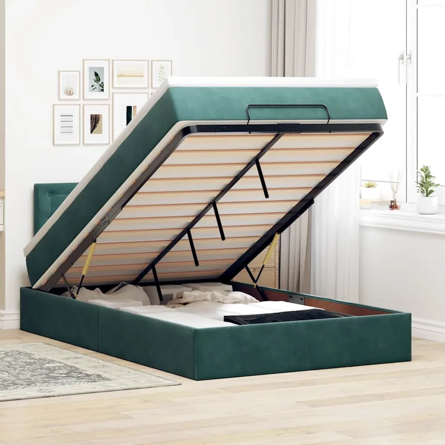 Lit ottoman avec matelas et LED vert foncé 90x200cm velours