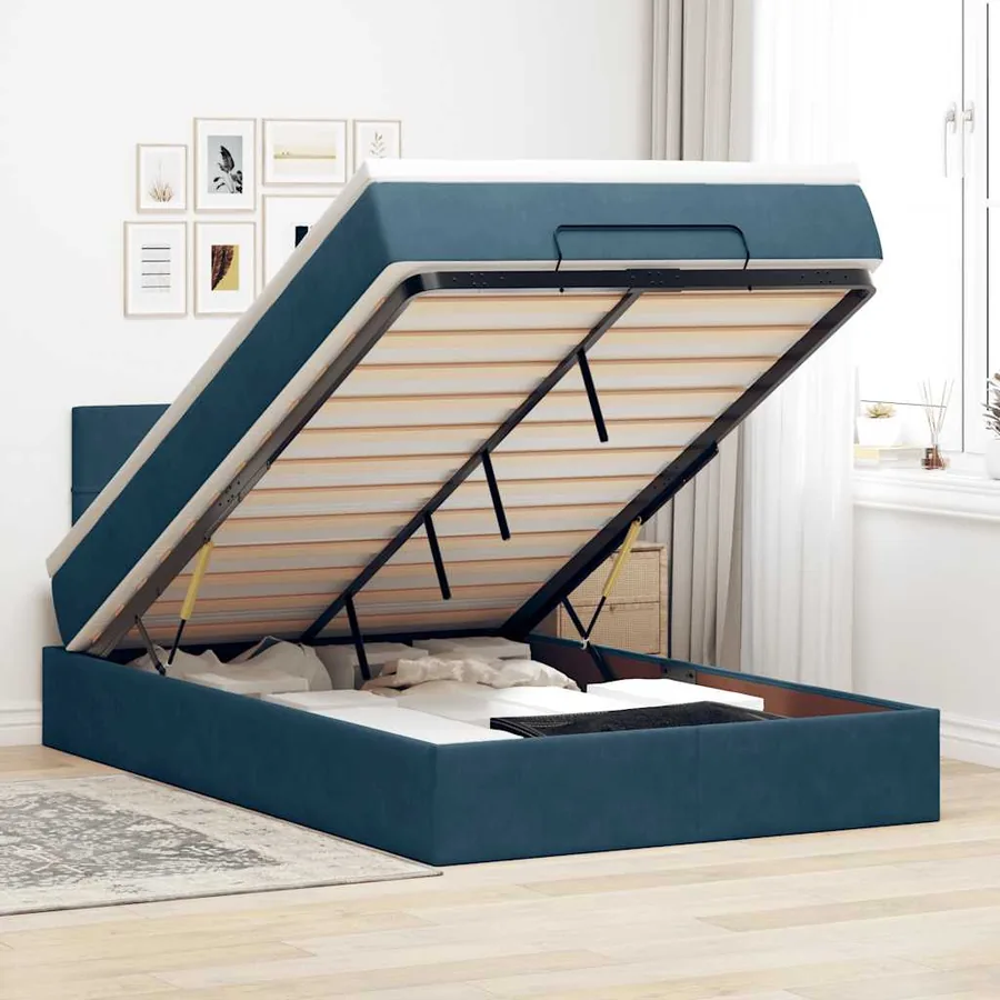 Lit ottoman avec matelas et LED bleu foncé 90x200cm velours