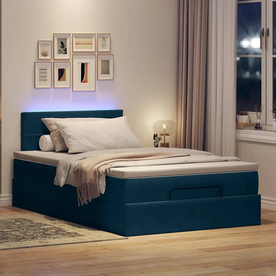 Lit ottoman avec matelas et LED bleu foncé 90x200cm velours - 3