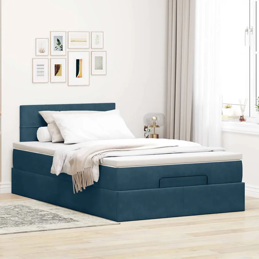 Lit ottoman avec matelas bleu foncé 120x190 cm velours - 3
