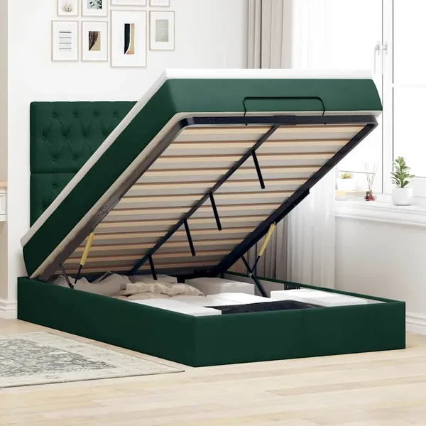 Cadre de lit ottoman avec matelas vert foncé 120x190 cm velours