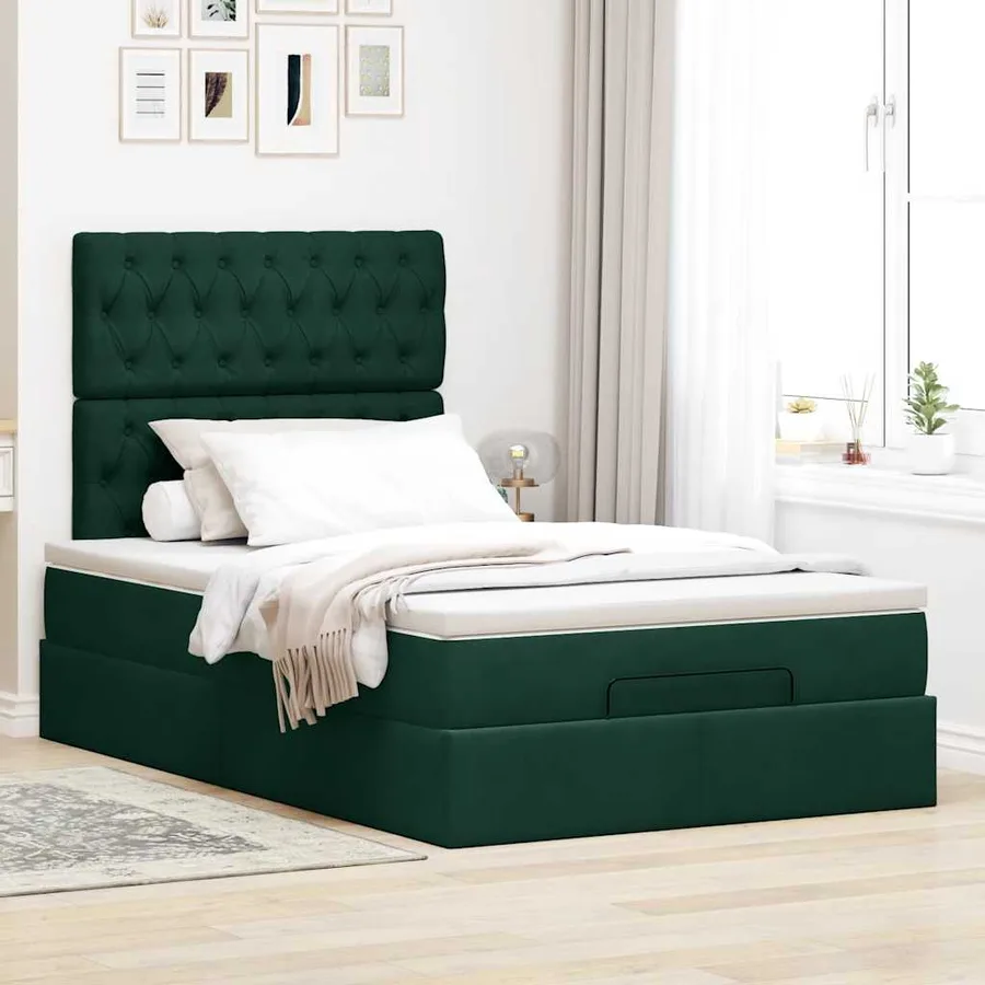 Cadre de lit ottoman avec matelas vert foncé 120x190 cm velours - 4