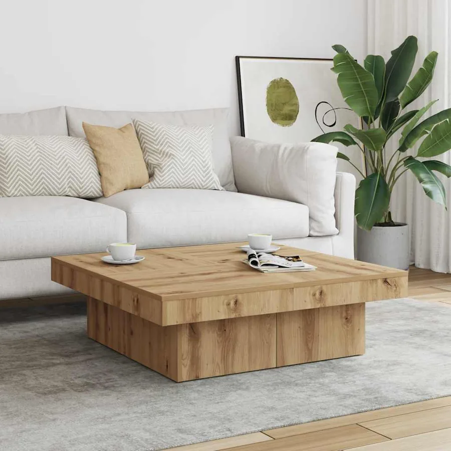 Table basse chêne artisanal 90x90x28 cm bois d'ingénierie