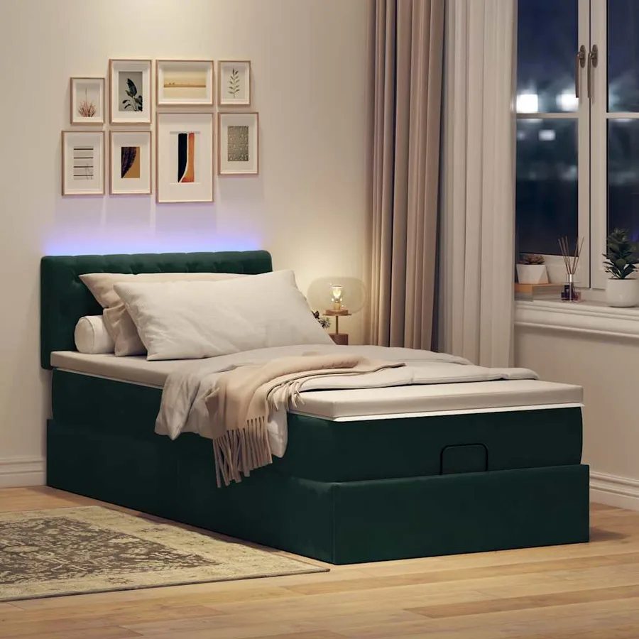 Lit ottoman avec matelas et LED Vert foncé 80x200cm velours - 3