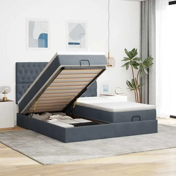 Cadre de lit ottoman avec matelas gris foncé 160x200cm velours