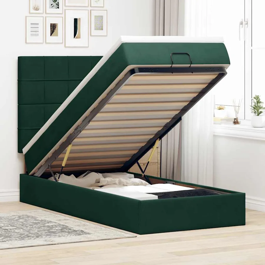 Cadre de lit ottoman avec matelas vert foncé 80x200 cm velours