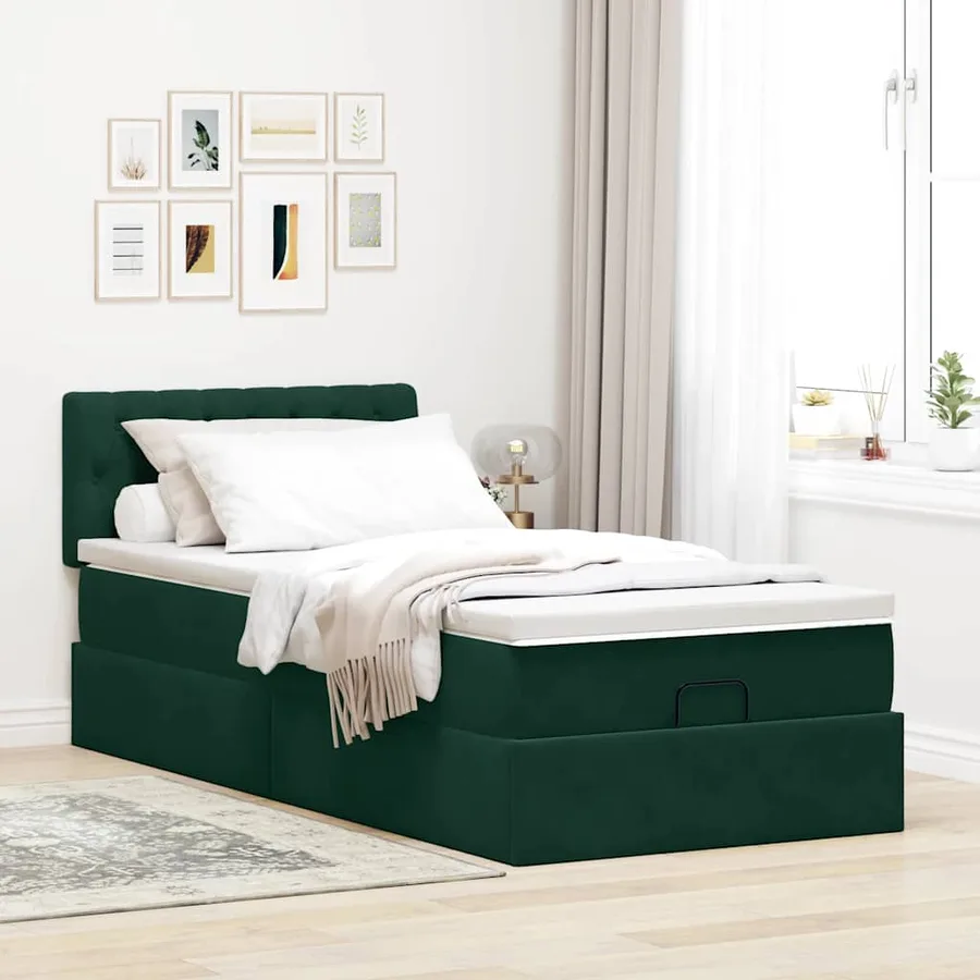 Cadre de lit ottoman avec matelas vert foncé 80x200 cm velours - 3