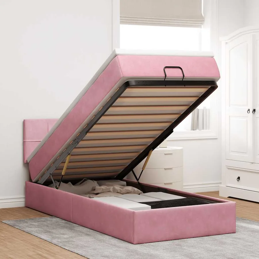 Lit ottoman avec matelas et LED rose 80x200cm velours