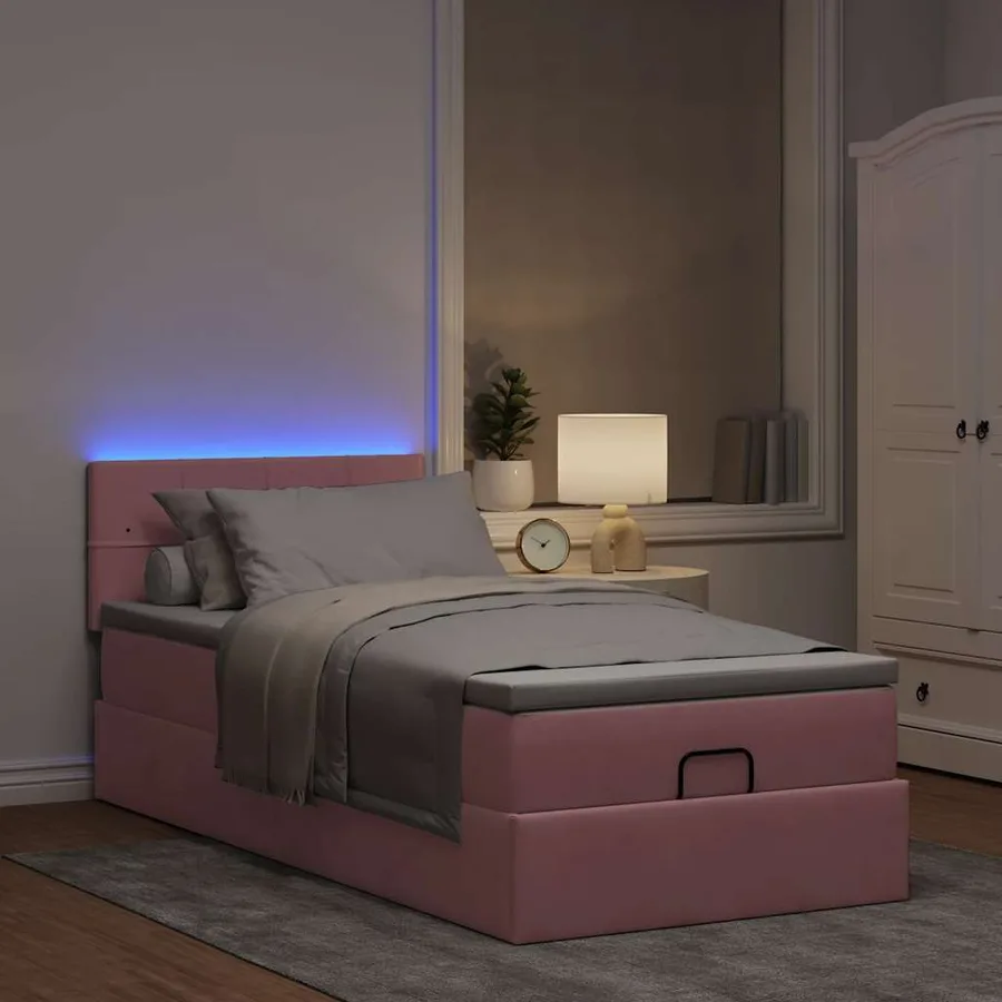 Lit ottoman avec matelas et LED rose 80x200cm velours - 3