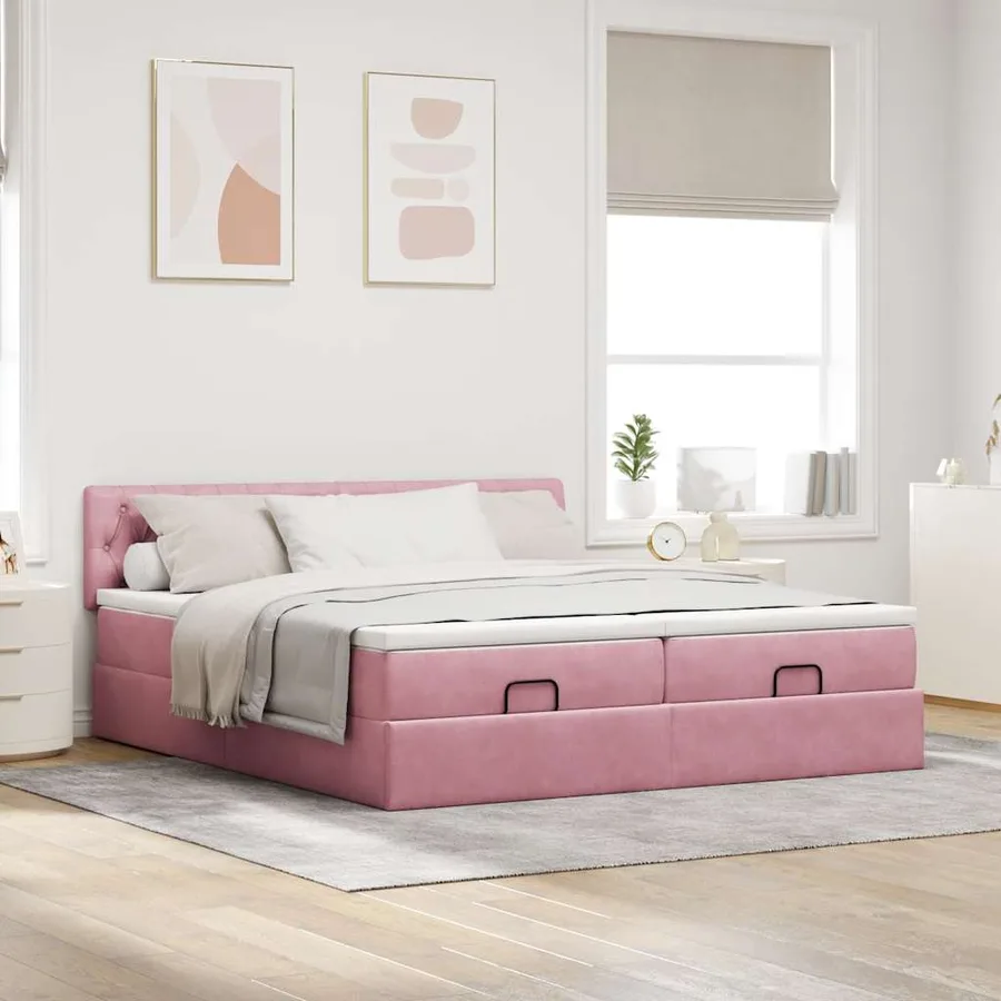Cadre de lit ottoman avec matelas rose 160x200 cm velours - 3