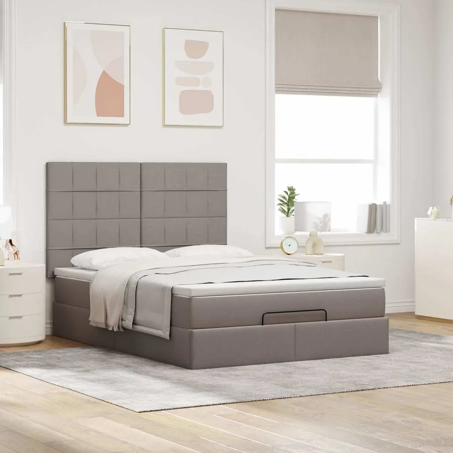 Cadre de lit ottoman avec matelas taupe 140x190 cm tissu - 4