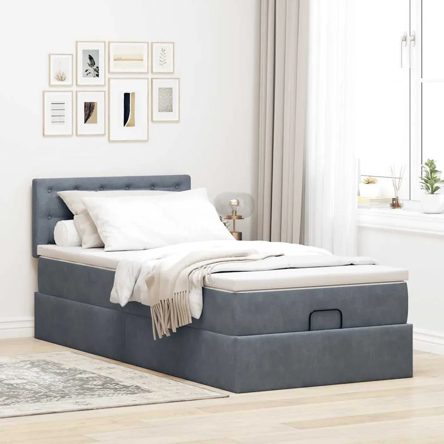 Cadre de lit ottoman et matelas gris foncé 90x200 cm velours - 4