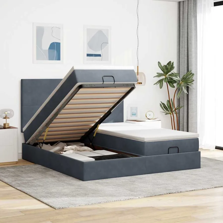 Cadre de lit ottoman avec matelas gris foncé 180x200cm velours
