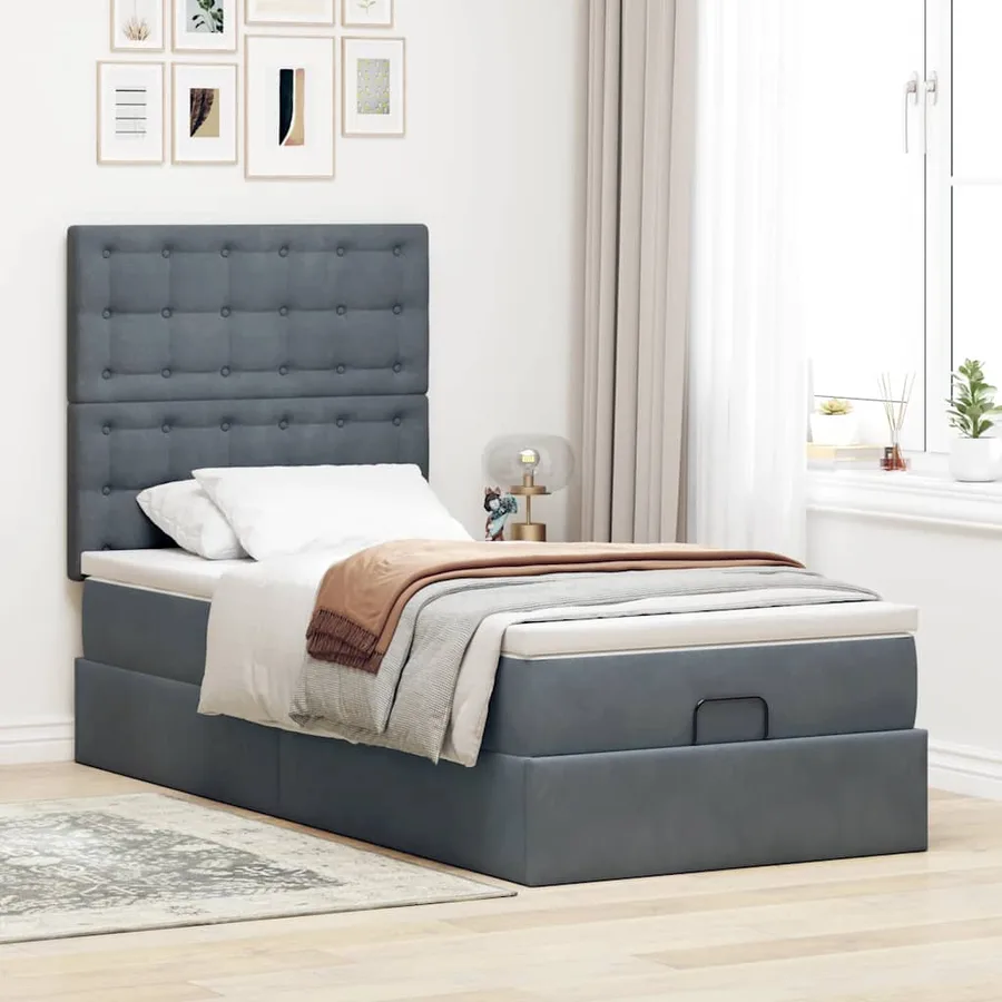 Cadre de lit ottoman et matelas gris foncé 90x200 cm velours - 4