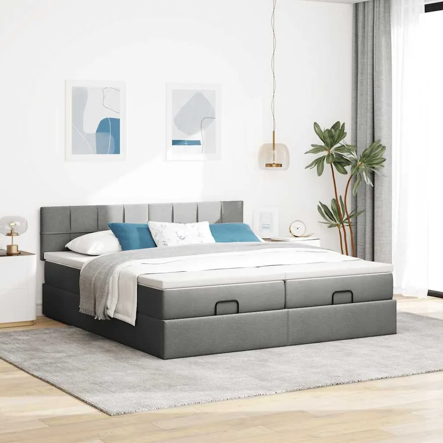 Cadre de lit ottoman avec matelas gris foncé 160x200cm tissu - 3