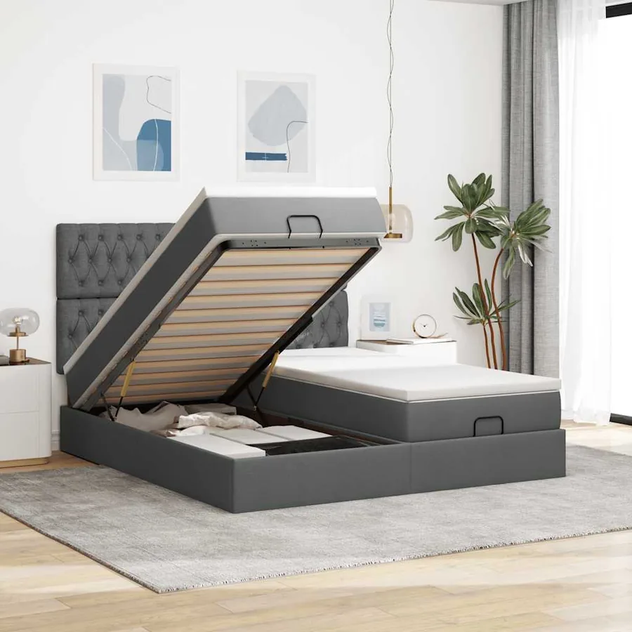 Cadre de lit ottoman avec matelas gris foncé 160x200cm tissu