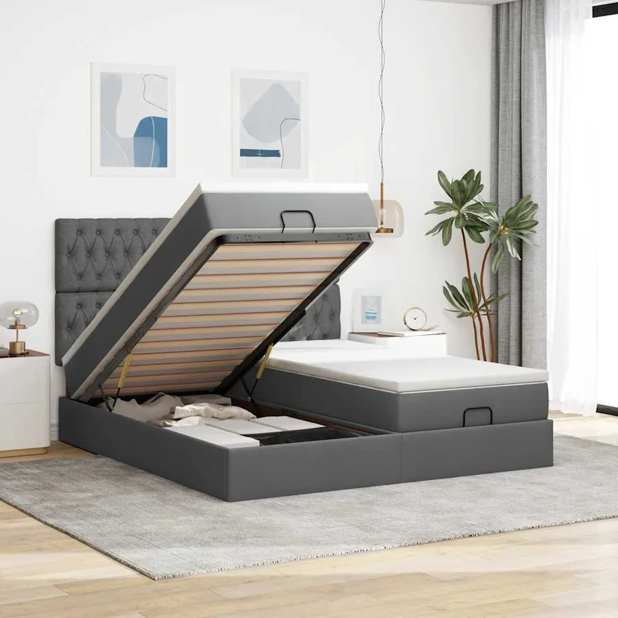 Cadre de lit ottoman avec matelas gris foncé 160x200cm tissu