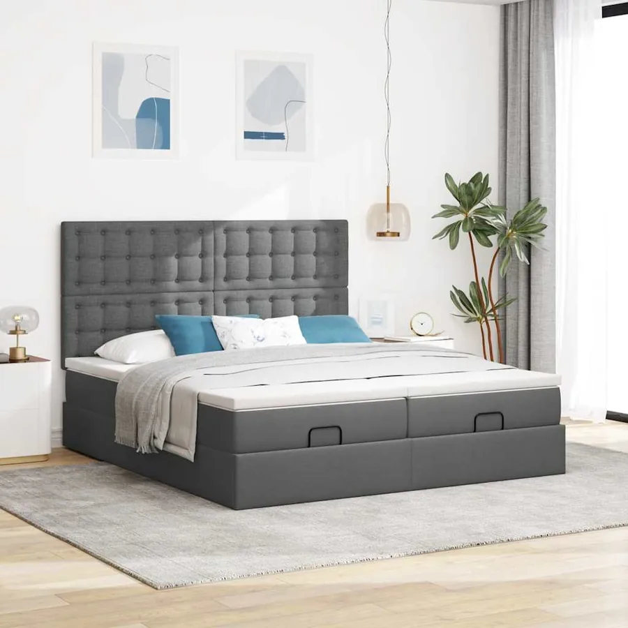 Cadre de lit ottoman avec matelas gris foncé 160x200cm tissu - 4