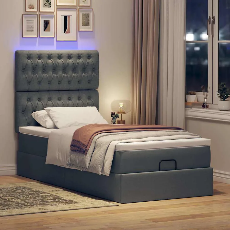 Lit ottoman avec matelas et LED Gris foncé 80x200cm tissu - 3