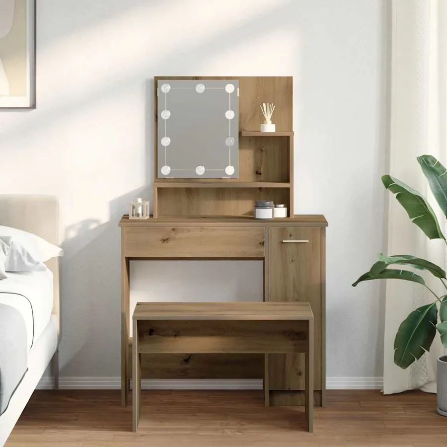 Ensemble de coiffeuse avec LED chêne artisanal bois ingénierie - 3