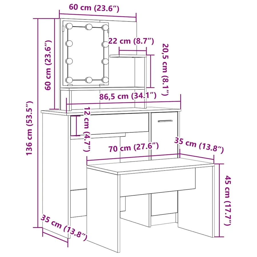 Ensemble de coiffeuse avec LED chêne artisanal bois ingénierie - 8