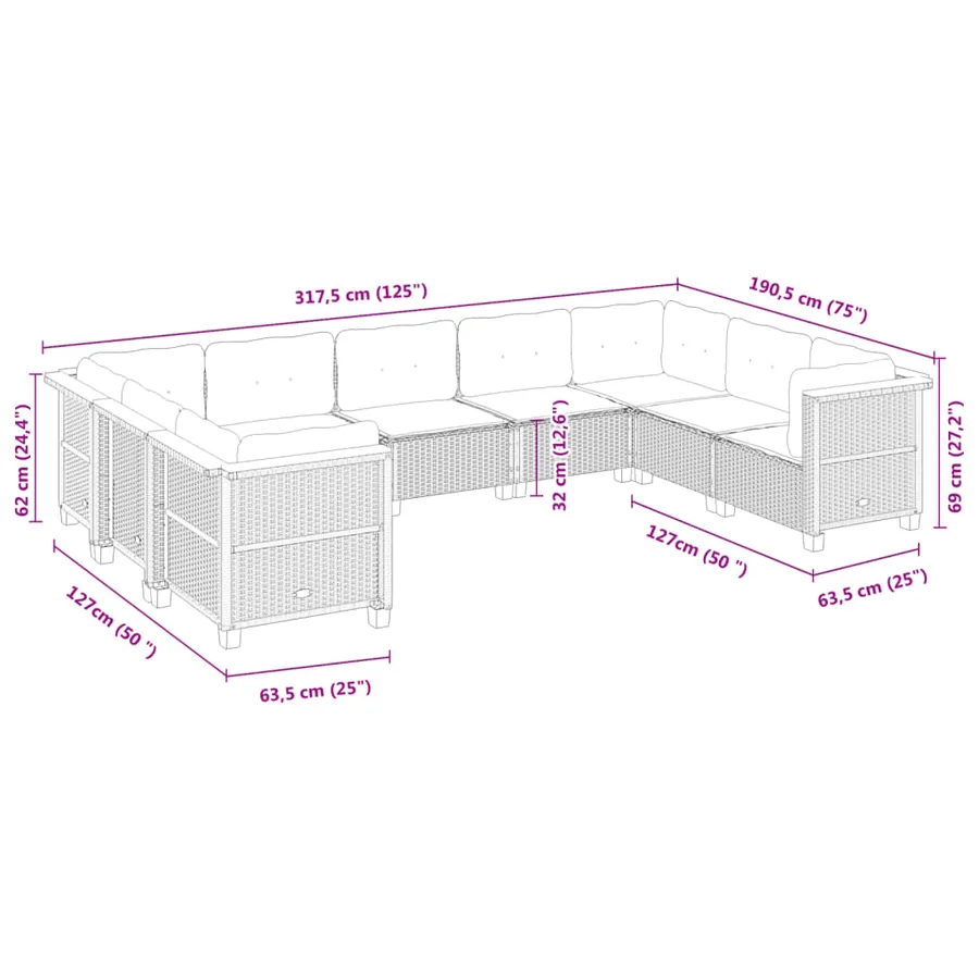 Salon de jardin avec coussins 9 pcs beige résine tressée - 6