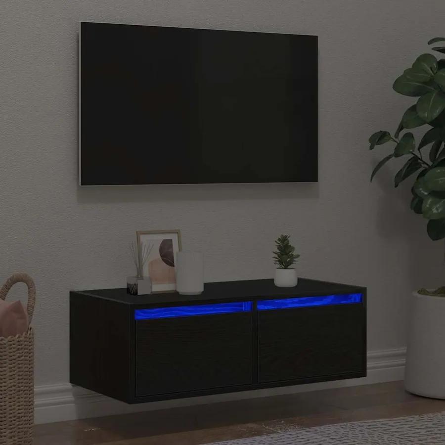 Meuble TV avec lumières LED chêne noir 75x35,5x25 cm