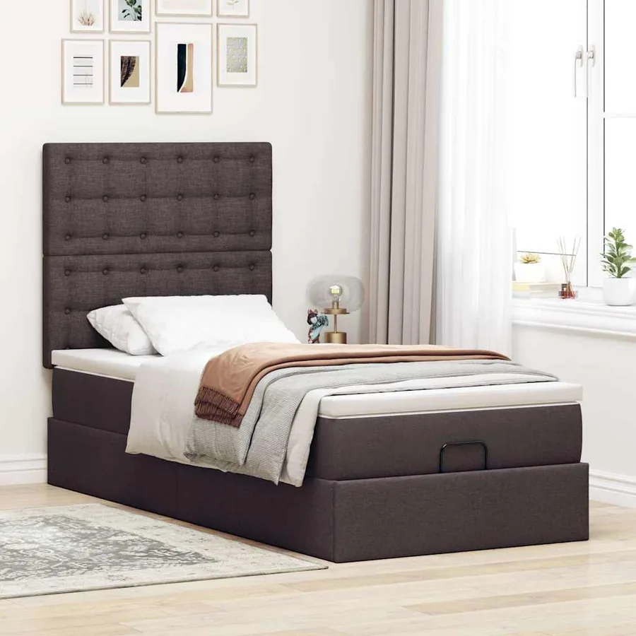 Cadre de lit ottoman avec matelas marron foncé 90x190 cm tissu - 4