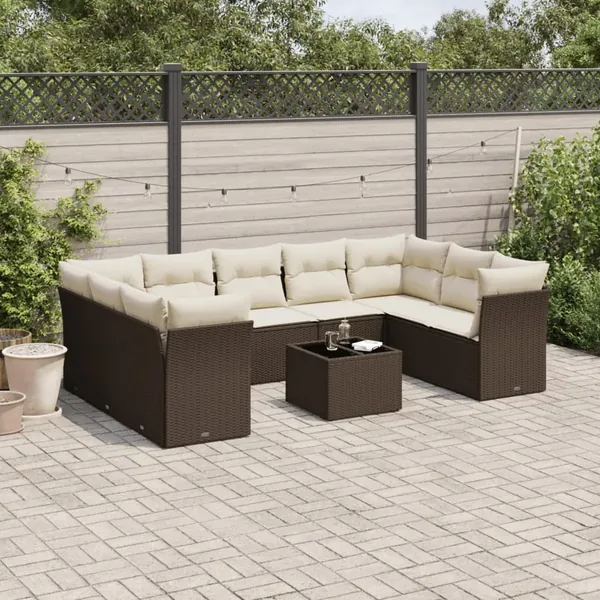 Salon de jardin 10 pcs avec coussins marron résine tressée
