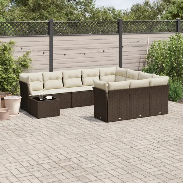 Salon de jardin et coussins 11 pcs marron résine tressée