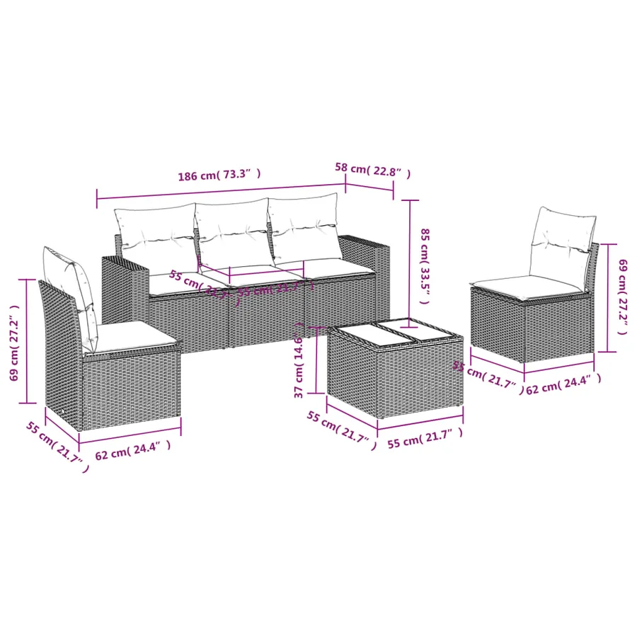 Salon de jardin avec coussins 6 pcs marron résine tressée - 3