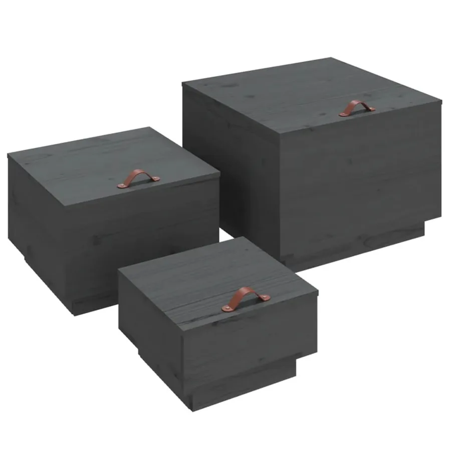 Boîtes de rangement et couvercles 3 pcs Gris Bois massif de pin - 2