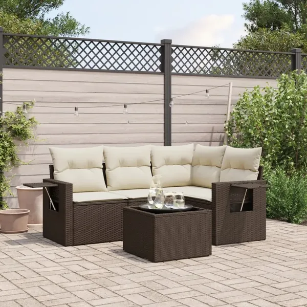 Salon de jardin avec coussins 5 pcs marron résine tressée