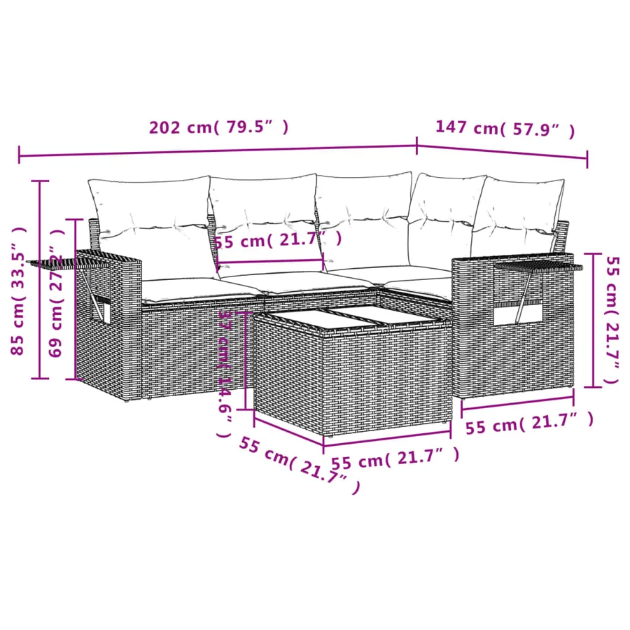 Salon de jardin avec coussins 5 pcs marron résine tressée - 3