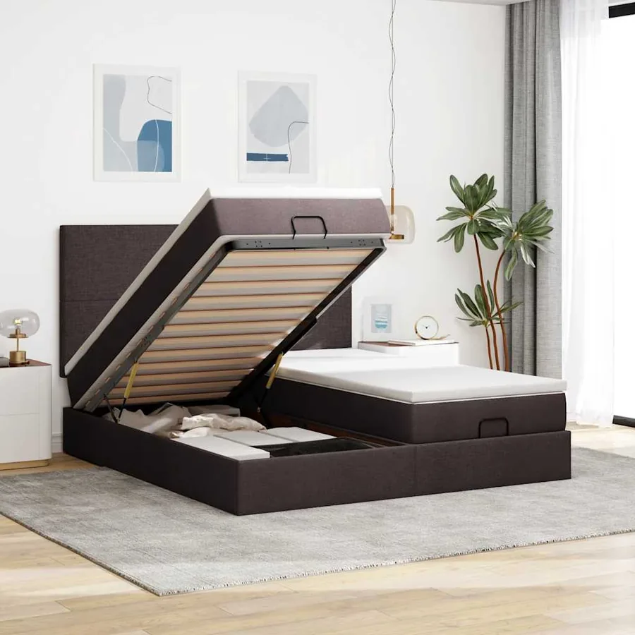 Cadre de lit ottoman avec matelas marron foncé 160x200 cm tissu