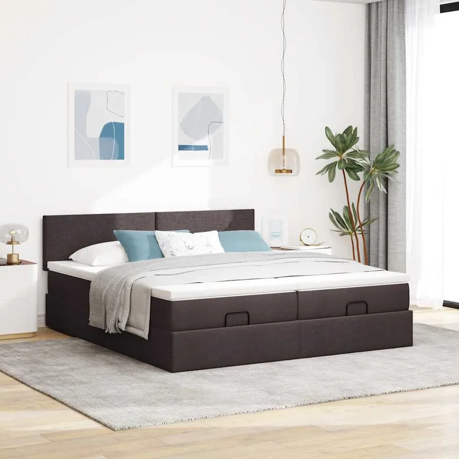 Cadre de lit ottoman avec matelas marron foncé 160x200 cm tissu - 3