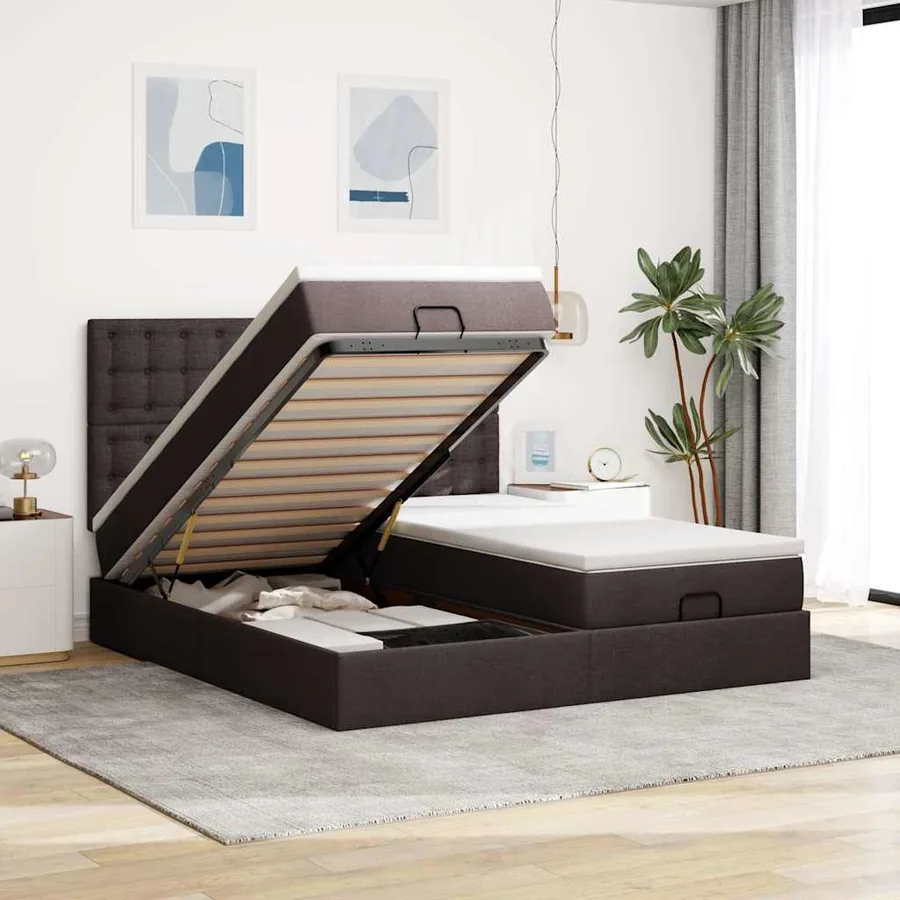 Cadre de lit ottoman avec matelas marron foncé 160x200 cm tissu