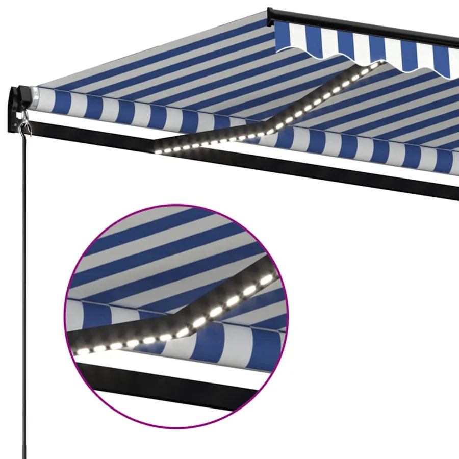 Auvent manuel rétractable avec LED 600x300 cm Bleu et blanc - 5