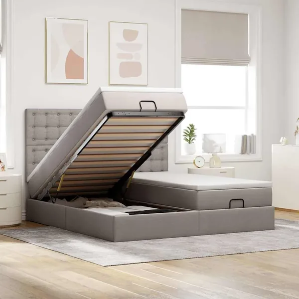 Cadre de lit ottoman avec matelas taupe 160x200 cm tissu