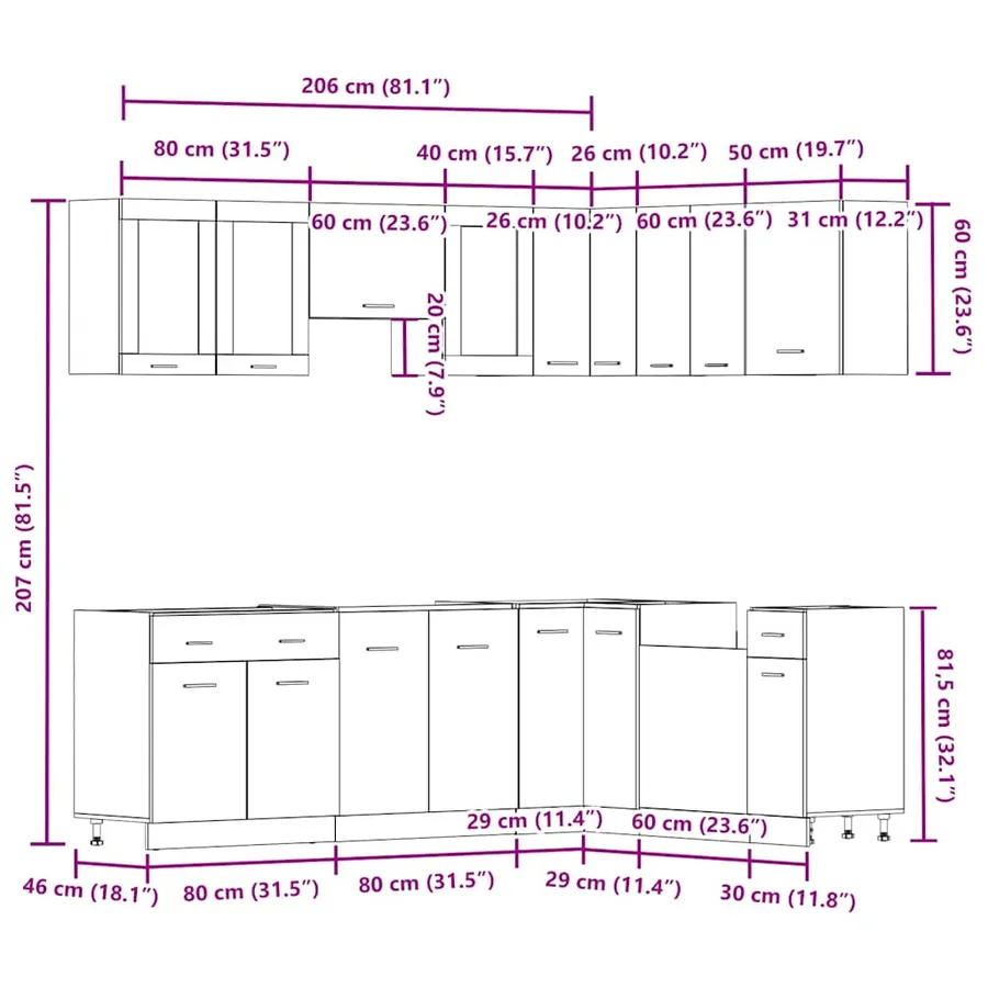 Ensemble de 11 meubles de cuisine "Lyon" en bois d'ingénierie vieilli - 11