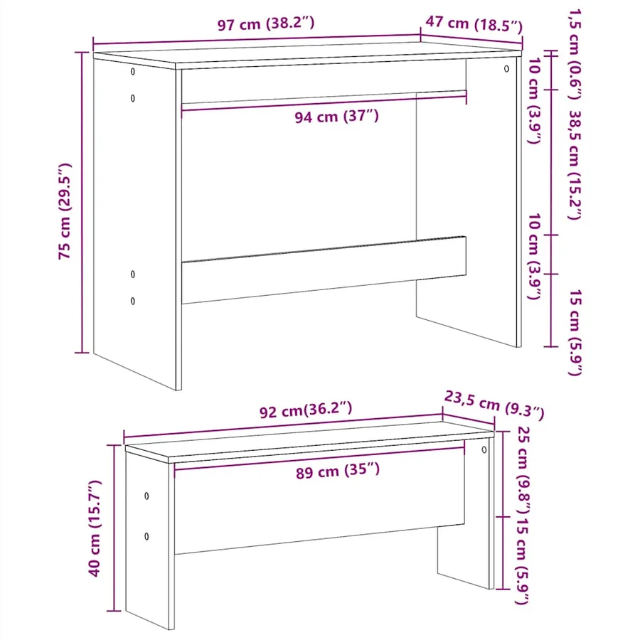Ensemble table à manger et bancs 3 pcs bois d'ingénierie - 10