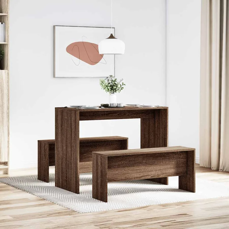 Ensemble table à manger et bancs 3 pcs bois d'ingénierie - 3