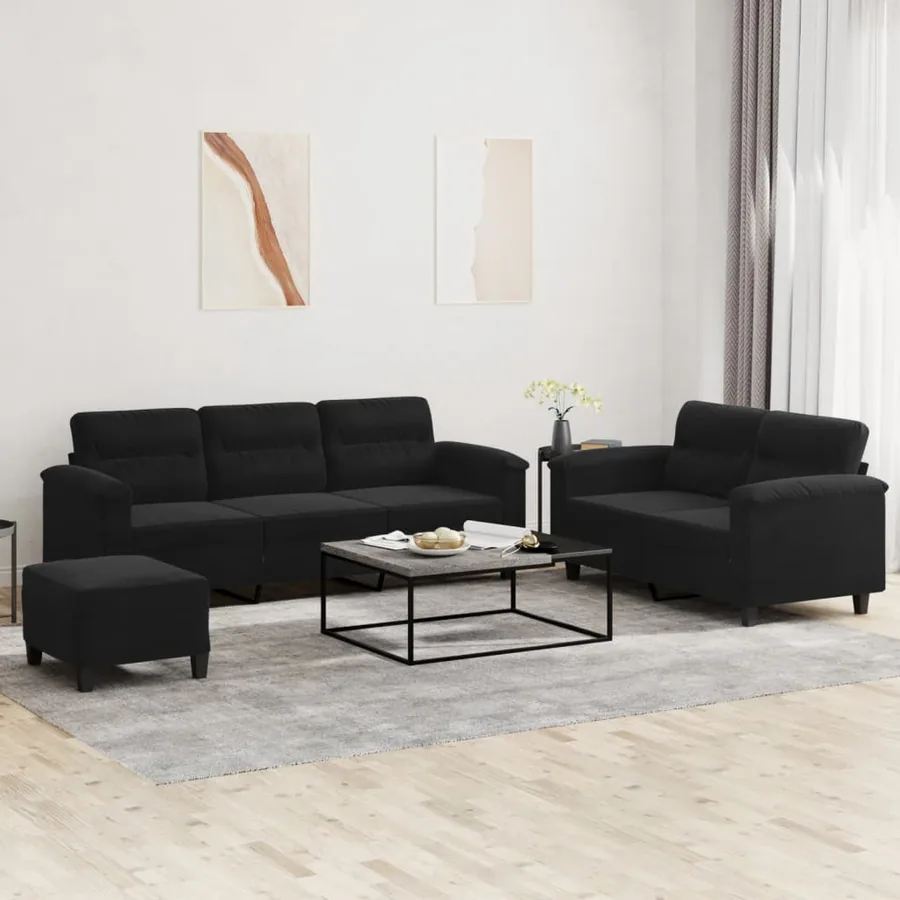 Ensemble de canapés 3 pcs avec coussins noir tissu microfibre