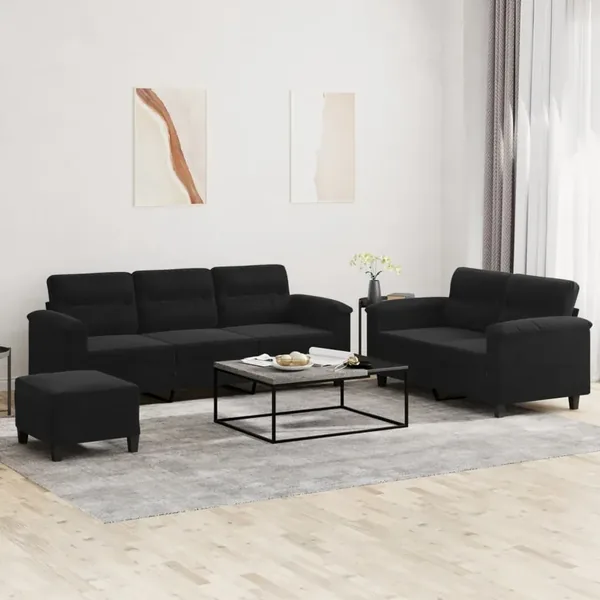 Ensemble de canapés 3 pcs avec coussins noir tissu microfibre